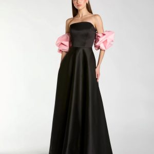 Black Satin Off The Shoulder Puff Sleeve Ball Gown