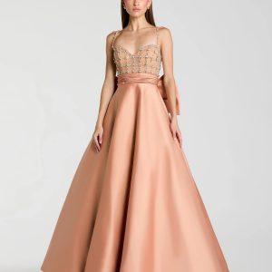 Peach Embellished Bodice Sweetheart Neck Satin Ball Gown