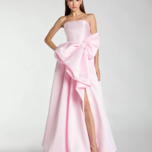 Light Pink Mikado Strapless Bubble Hem Ball Gown with Bow