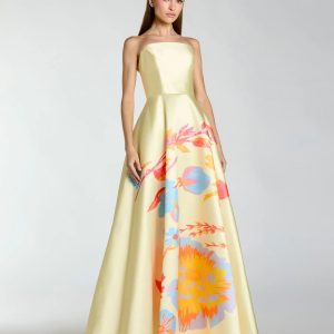 Yellow Strapless Mikado Ball Gown With Floral Print