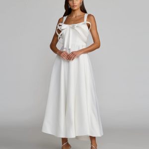 White Satin Sleeveless A Line Midi Dress With Bow