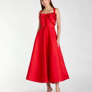 Red Satin Sleeveless A Line Midi Dress With Bow
