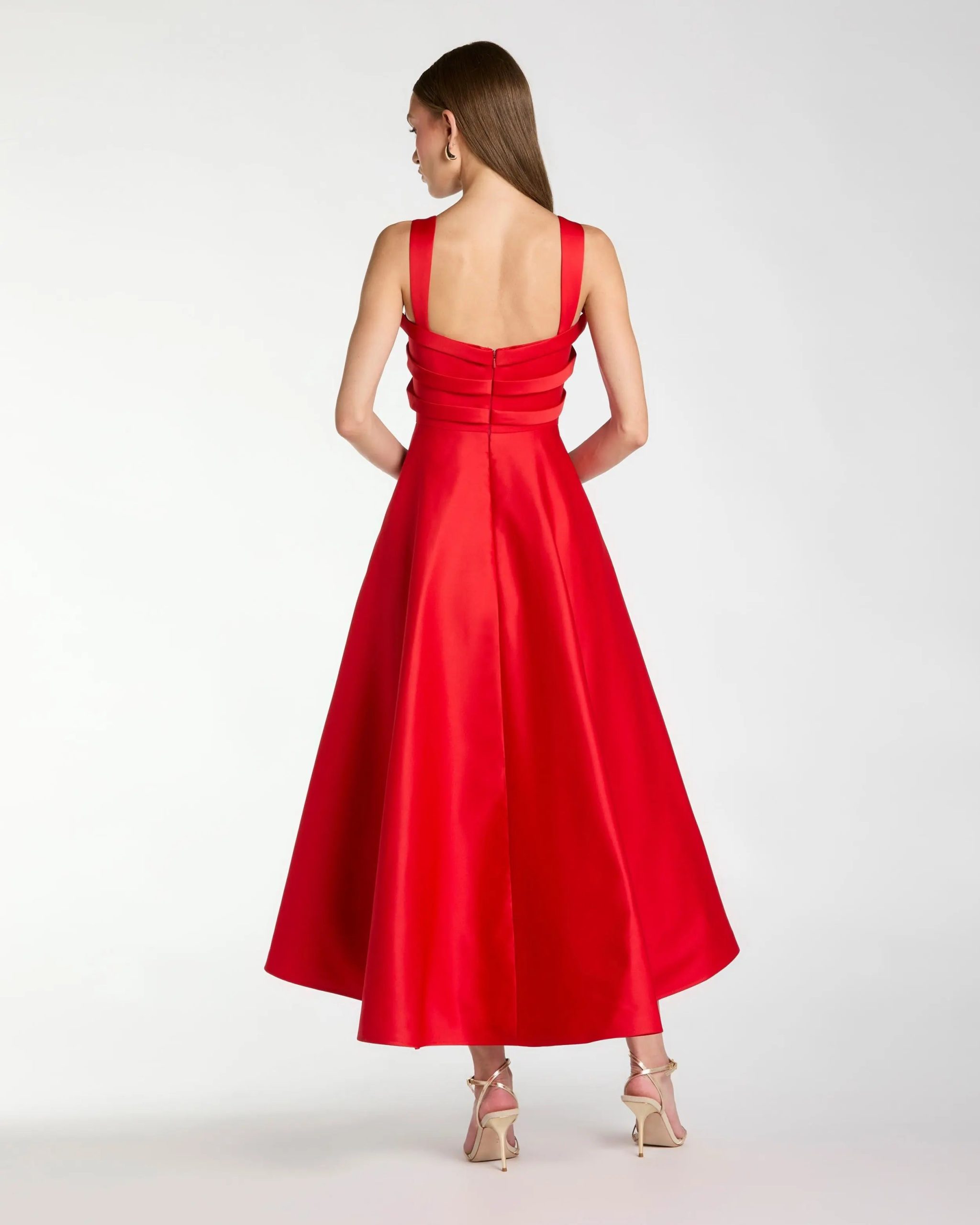 Red Satin Sleeveless A Line Midi Dress With Bow - Image 3