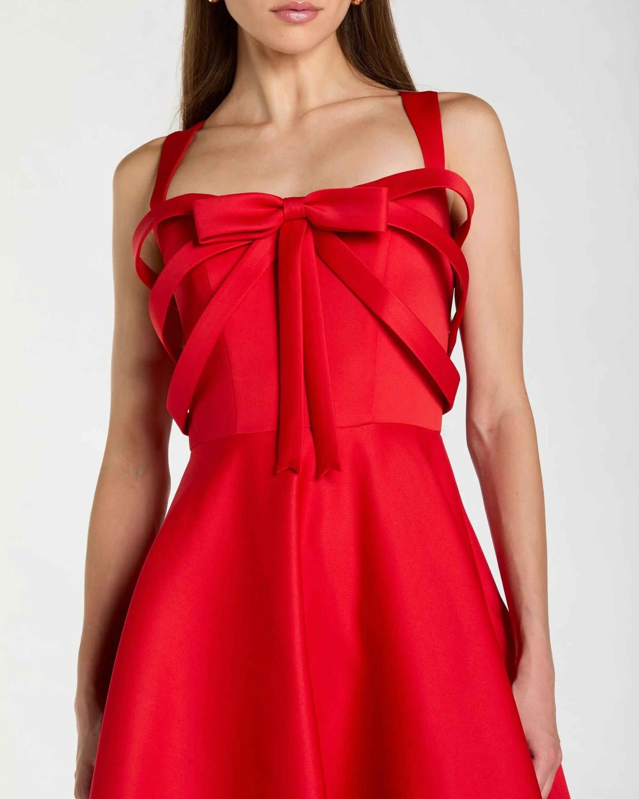 Red Satin Sleeveless A Line Midi Dress With Bow - Image 2