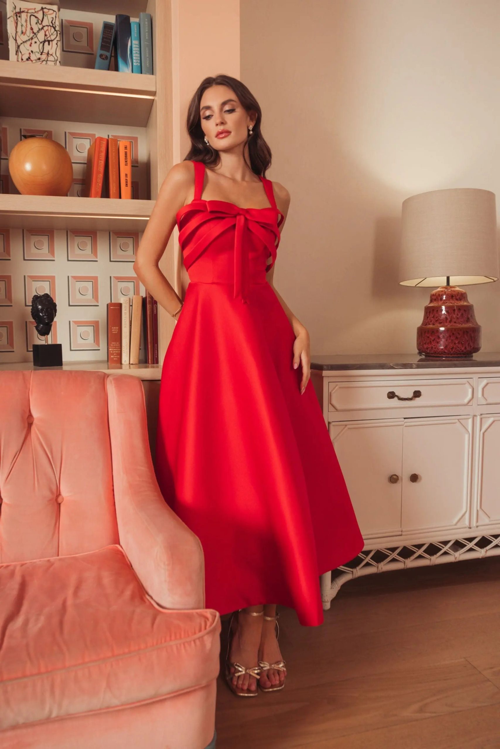 Red Satin Sleeveless A Line Midi Dress With Bow - Image 4