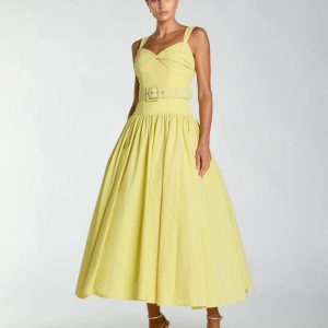 Yellow Sleeveless Faille A-Line Midi Dress With Belt
