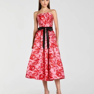 Red Strapless Brocade Midi Dress with Satin Bow