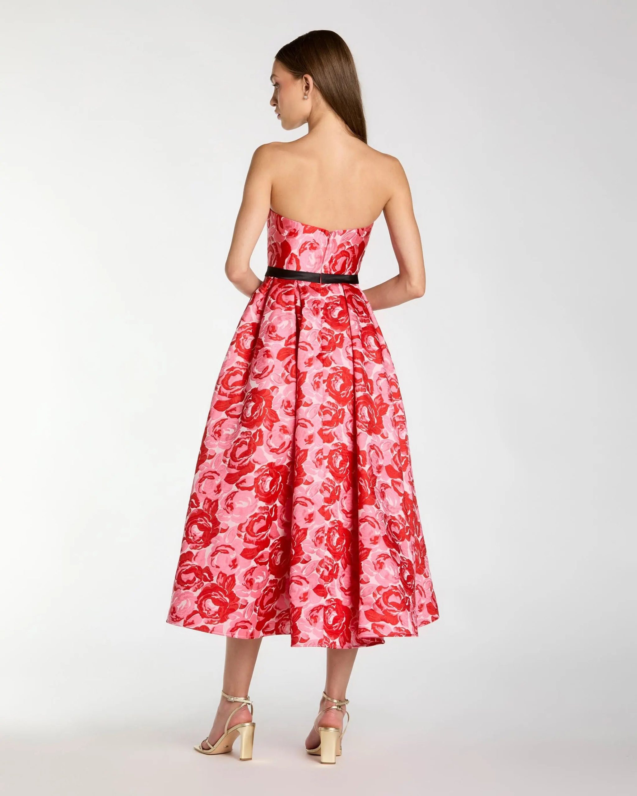 Red Strapless Brocade Midi Dress with Satin Bow - Image 3