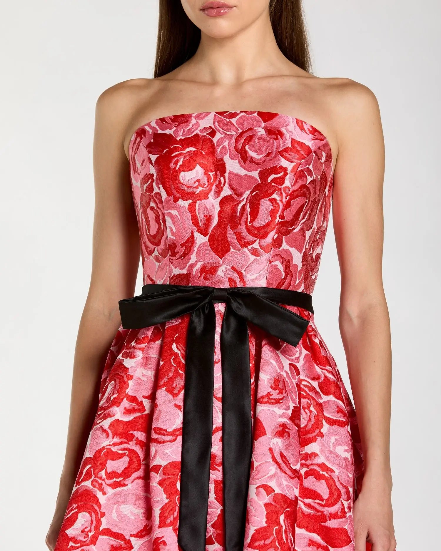Red Strapless Brocade Midi Dress with Satin Bow - Image 2