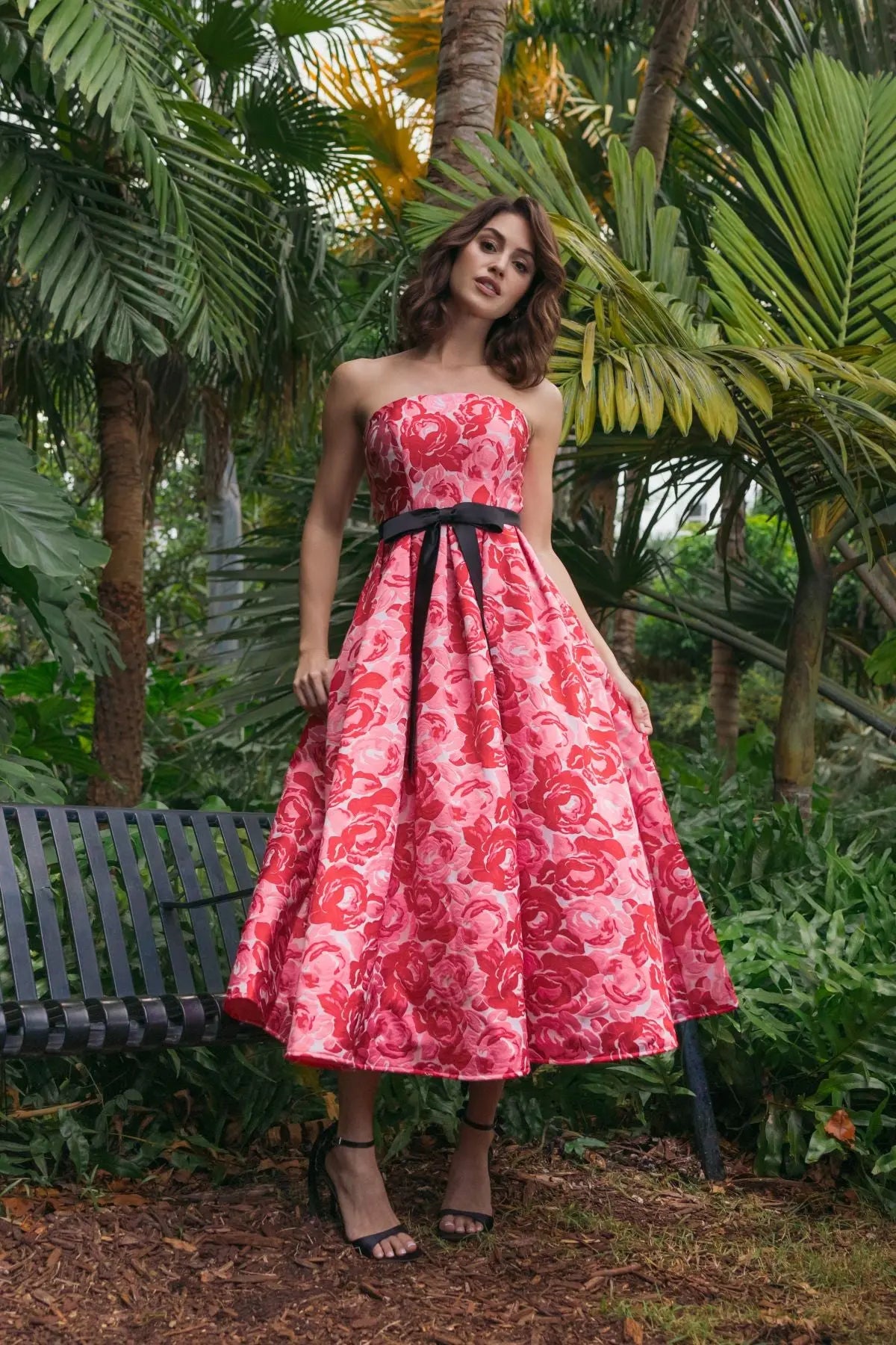 Red Strapless Brocade Midi Dress with Satin Bow - Image 4