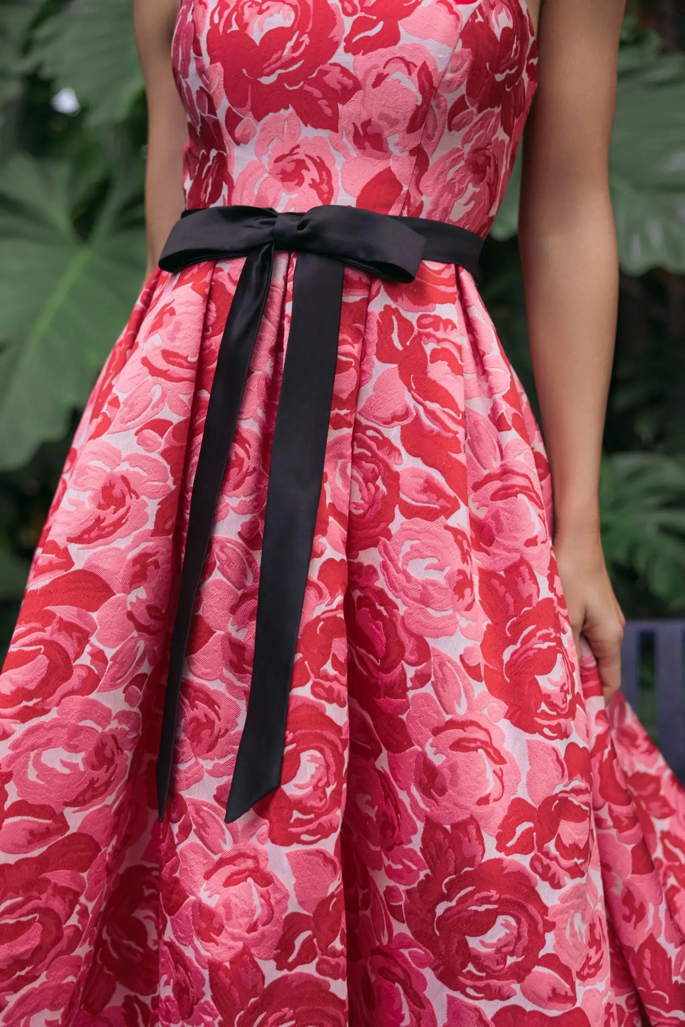 Red Strapless Brocade Midi Dress with Satin Bow - Image 5