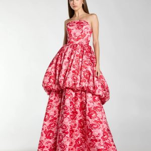 Pink Brocade Strapless Bubble Hem Ball Gown