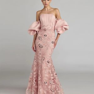 Pink Satin Off The Shoulder Embroidered Mermaid Gown