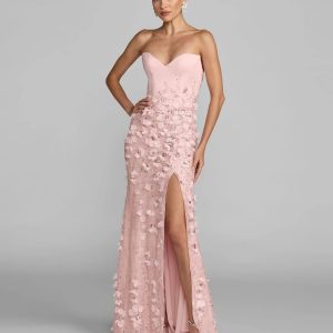 Pink Floral Satin Strapless Sweetheart Gown With Slit
