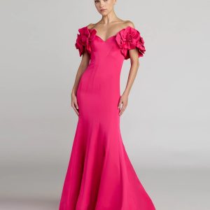 Pink Off The Shoulder Gown With 3D Floral Sleeves