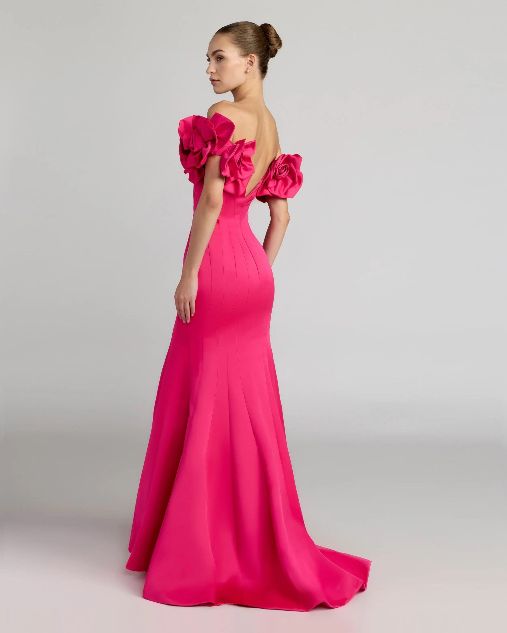Pink Off The Shoulder Gown With 3D Floral Sleeves - Image 4