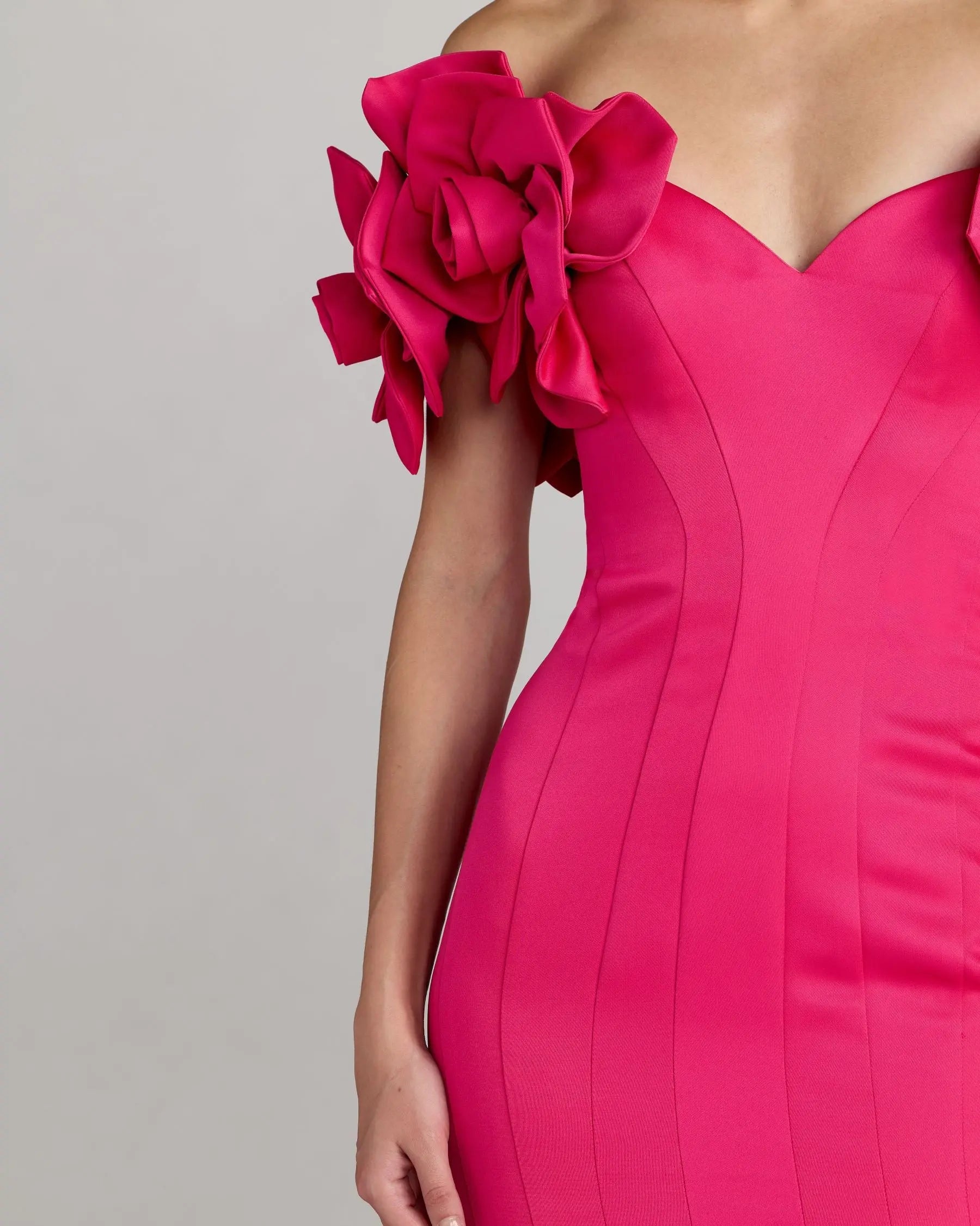 Pink Off The Shoulder Gown With 3D Floral Sleeves - Image 3
