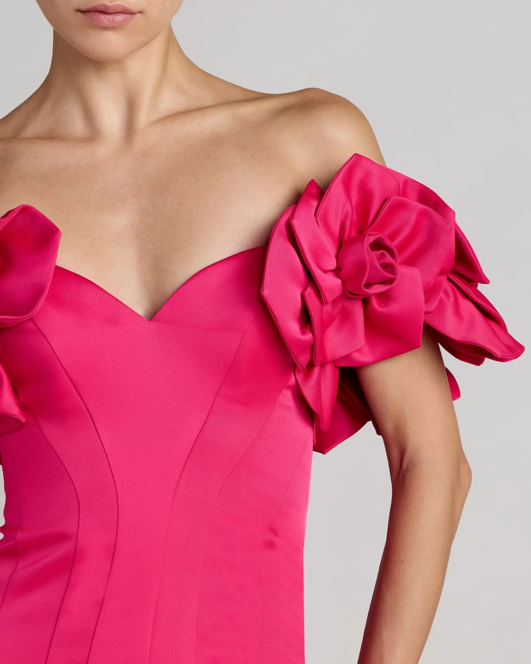 Pink Off The Shoulder Gown With 3D Floral Sleeves - Image 2