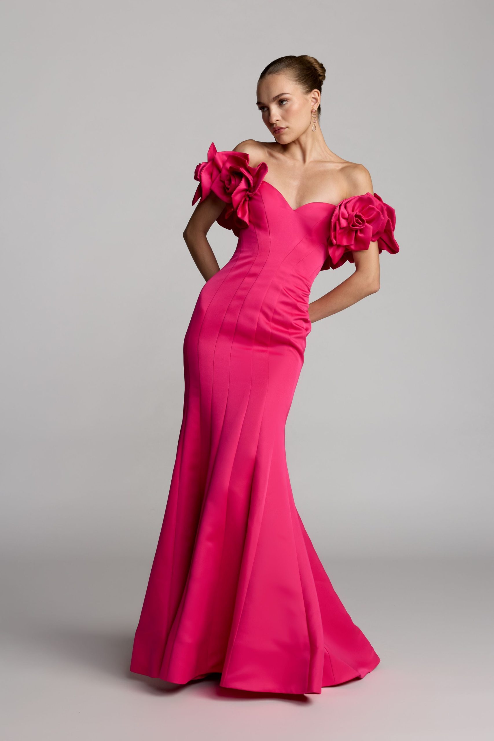 Pink Off The Shoulder Gown With 3D Floral Sleeves - Image 7