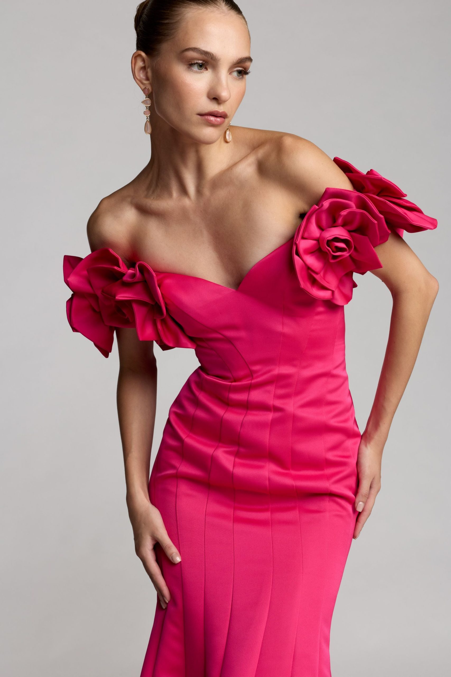 Pink Off The Shoulder Gown With 3D Floral Sleeves - Image 6