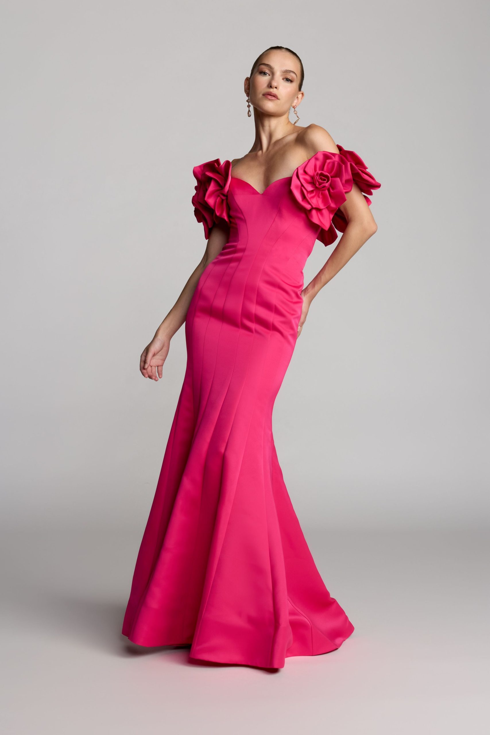 Pink Off The Shoulder Gown With 3D Floral Sleeves - Image 5
