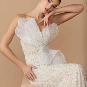 Ivory Strapless Embellished Column Gown With 3D Petals
