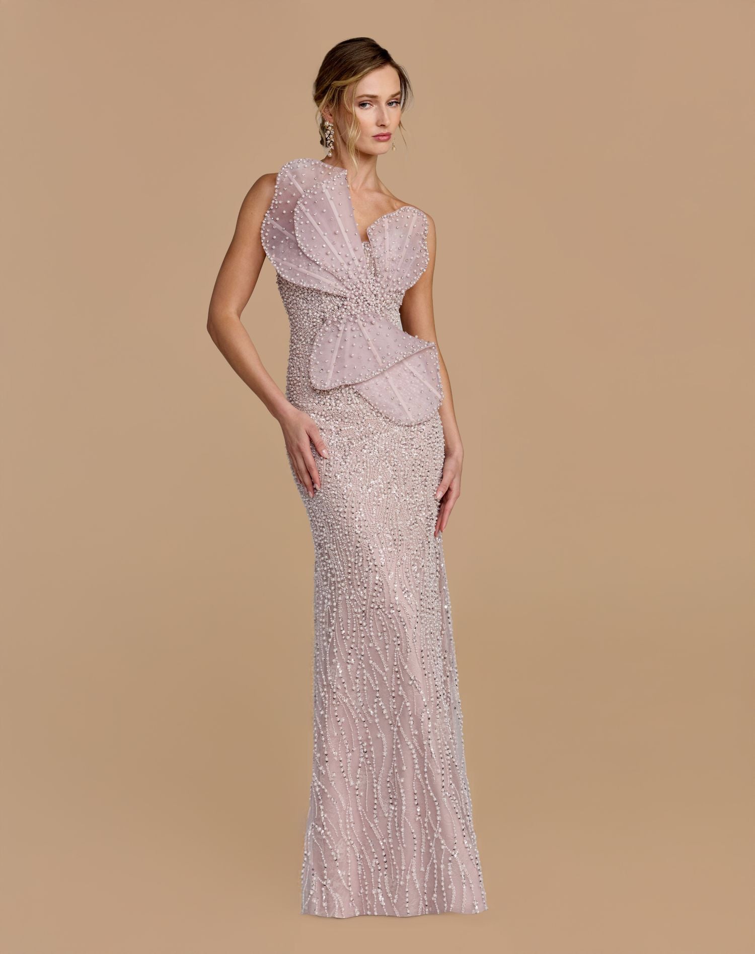 Purple Strapless Embellished Column Gown With 3D Petals