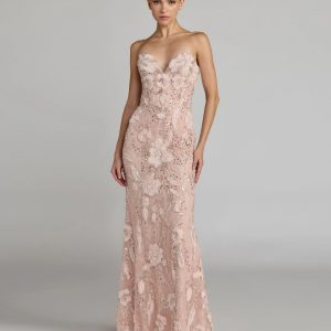 Pink Embellished Lace Strapless Sweetheart Gown