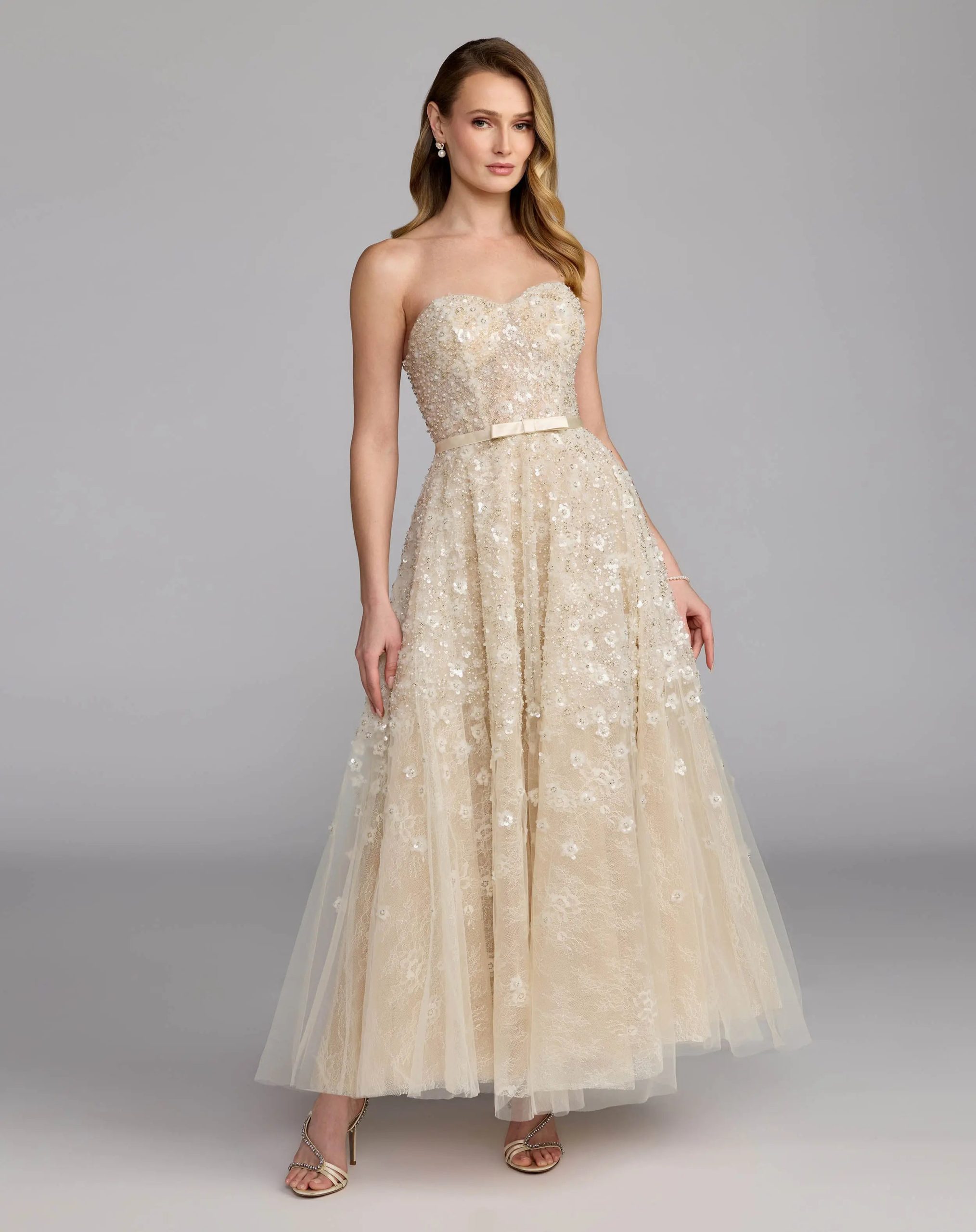 Ivory Strapless Embellished Lace A-Line Midi Dress - Image 4