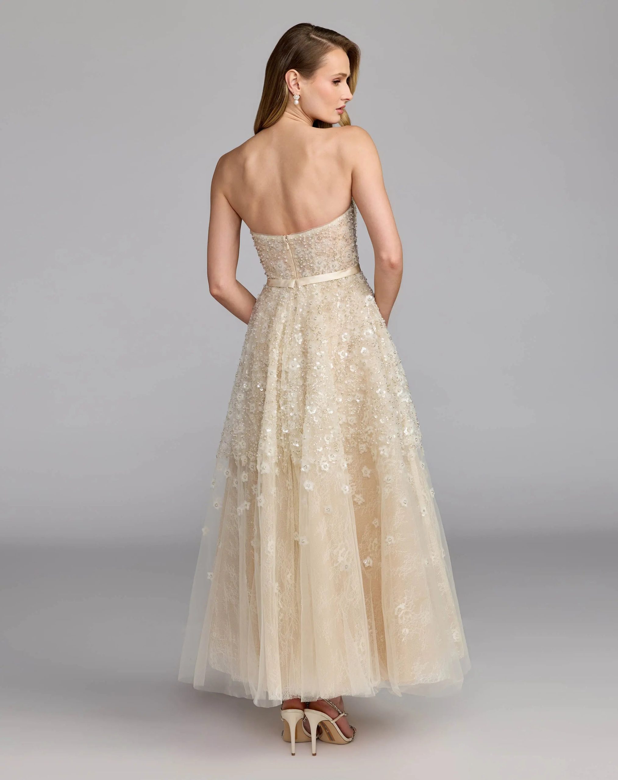 Ivory Strapless Embellished Lace A-Line Midi Dress - Image 7