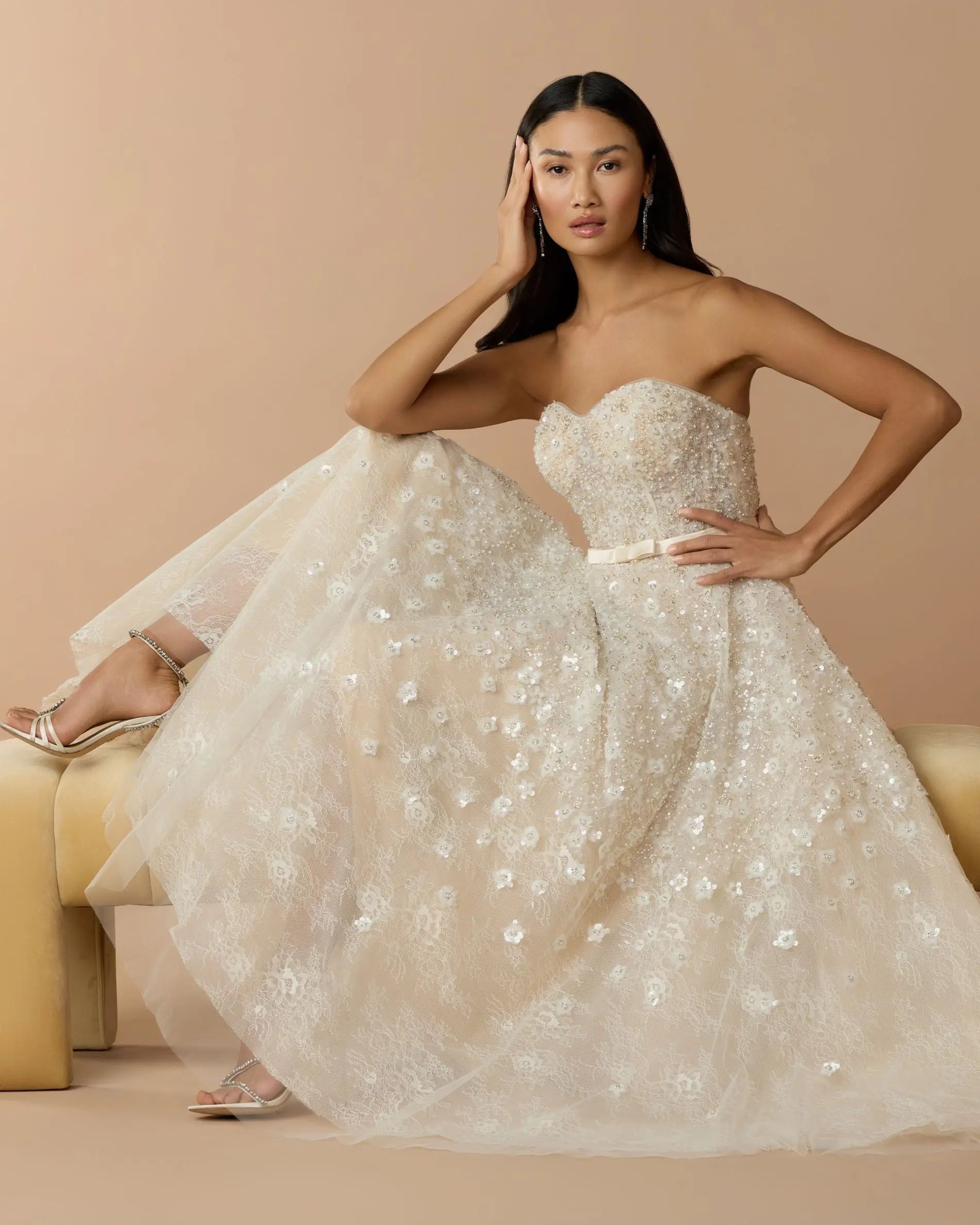 Ivory Strapless Embellished Lace A-Line Midi Dress - Image 2