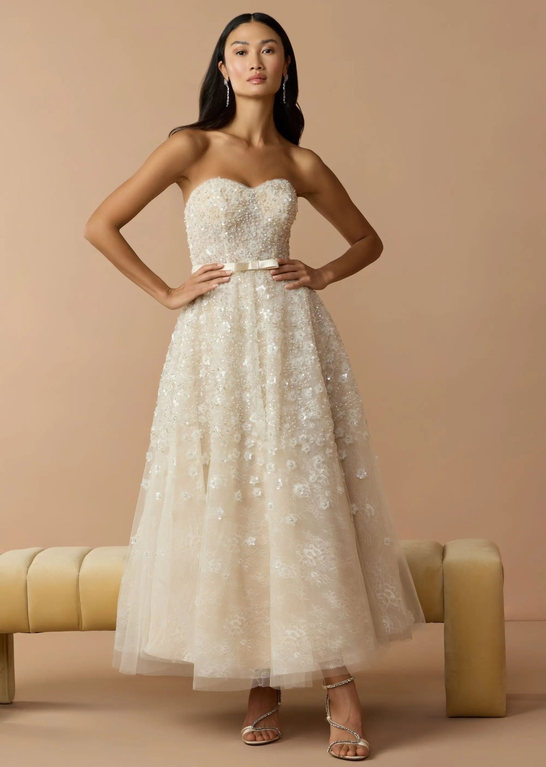 Ivory Strapless Embellished Lace A-Line Midi Dress - Image 3