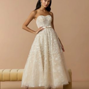 Ivory Strapless Embellished Lace A-Line Midi Dress