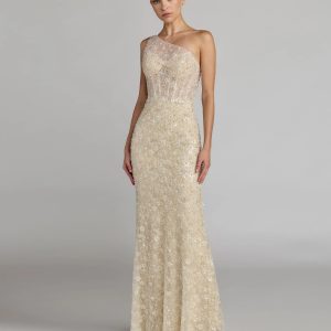 Beige Embellished One Shoulder Column Gown