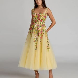 Yellow Embroidered Tulle A-Line Midi Dress
