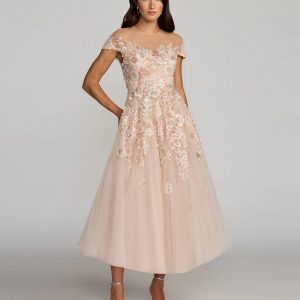 Pink Embroidered Tulle High Neck Cap Sleeve Dress