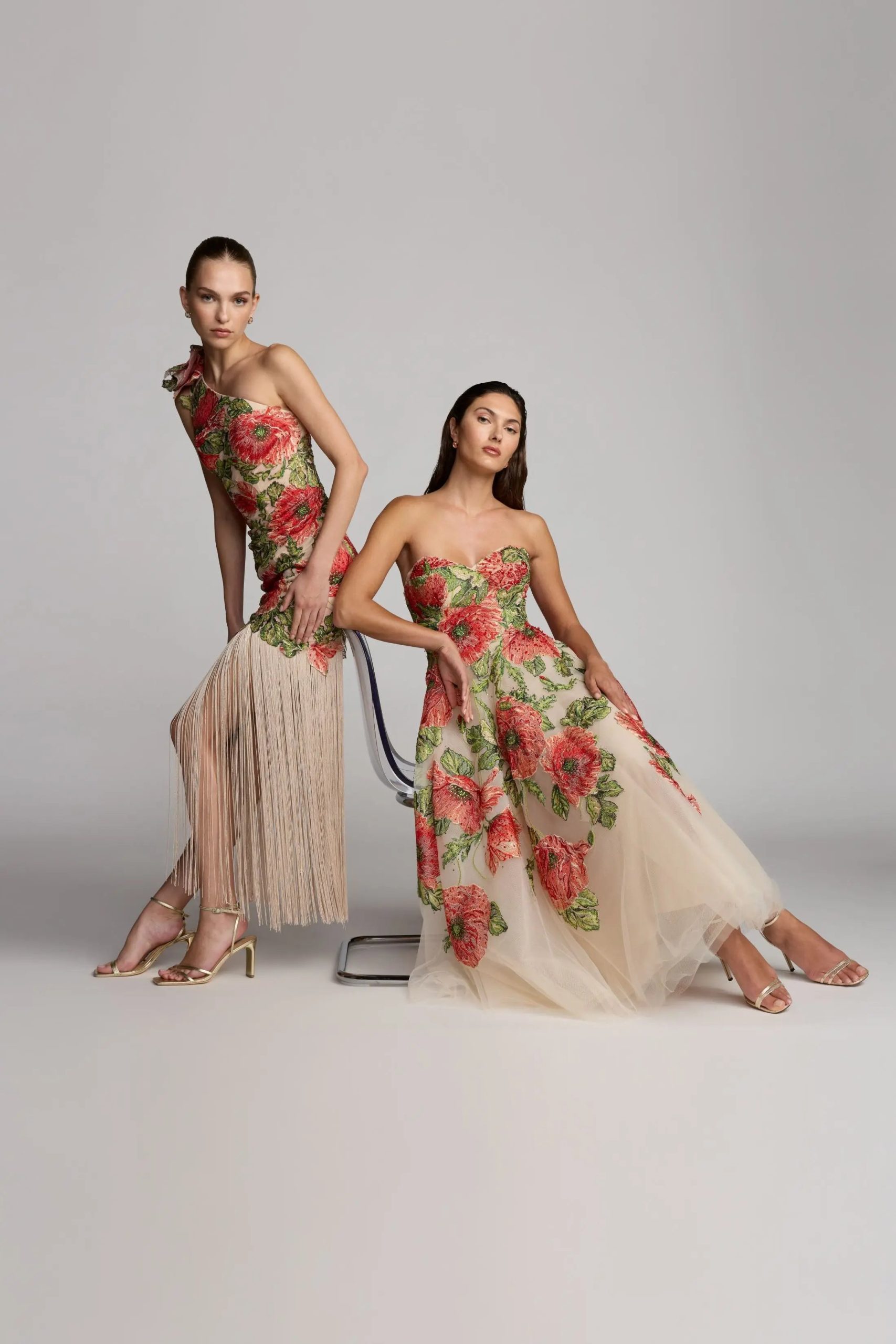 Beige Strapless Floral Embroidered Midi Dress - Image 4