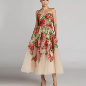 Beige Strapless Floral Embroidered Midi Dress