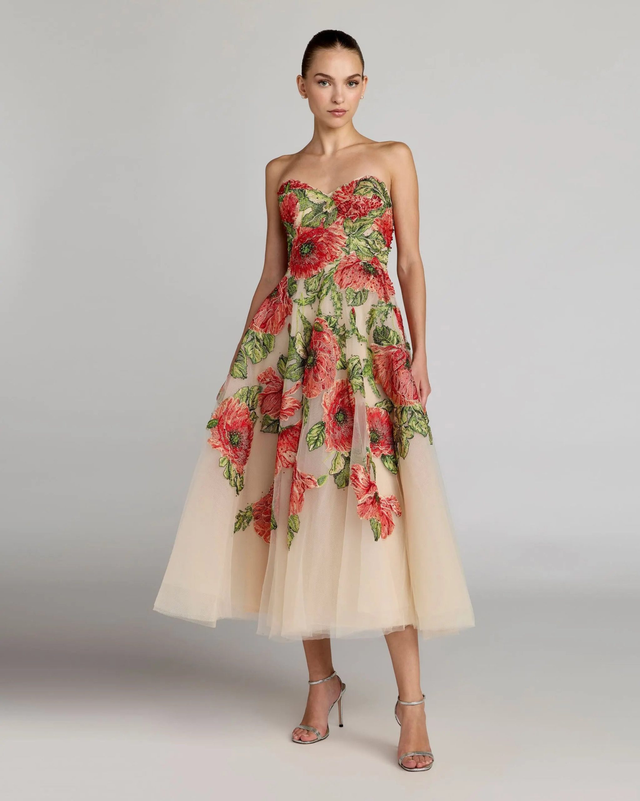 Beige Strapless Floral Embroidered Midi Dress