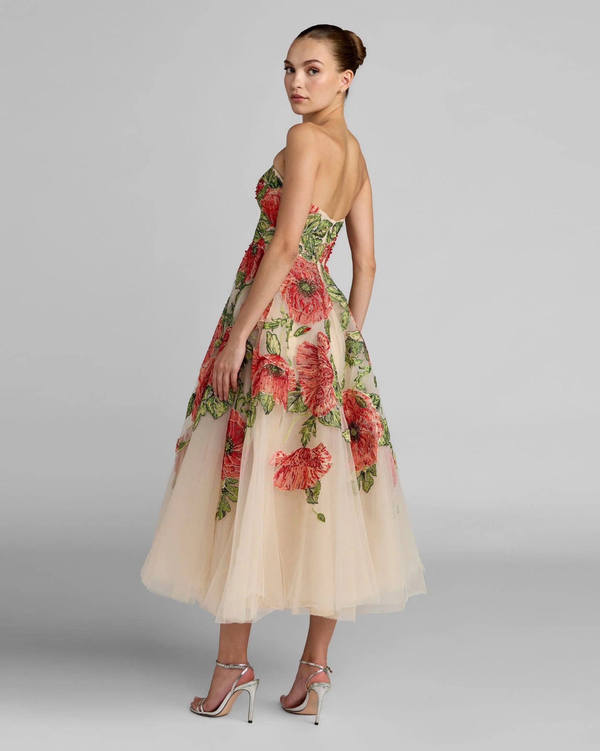 Beige Strapless Floral Embroidered Midi Dress - Image 3