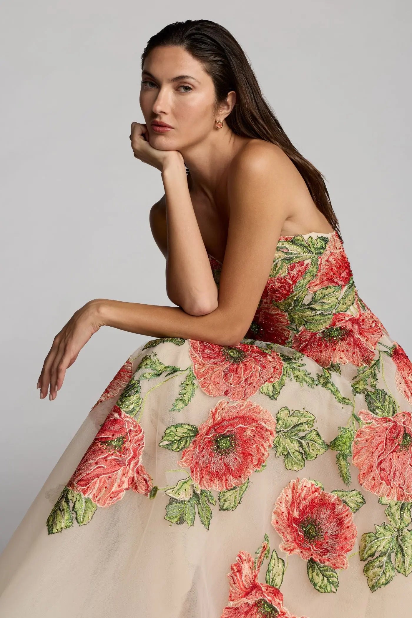 Beige Strapless Floral Embroidered Midi Dress - Image 5