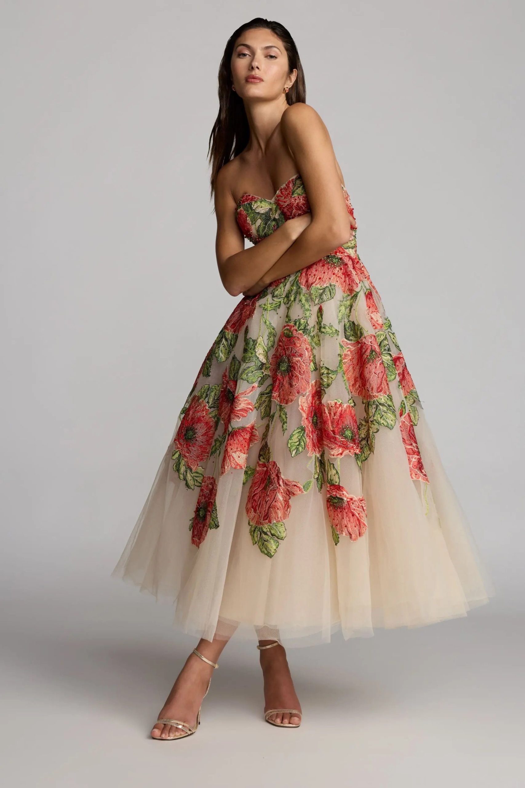 Beige Strapless Floral Embroidered Midi Dress - Image 6