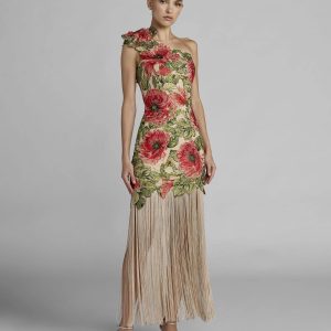 Beige Embroidered One Shoulder Dress With Fringe Hem