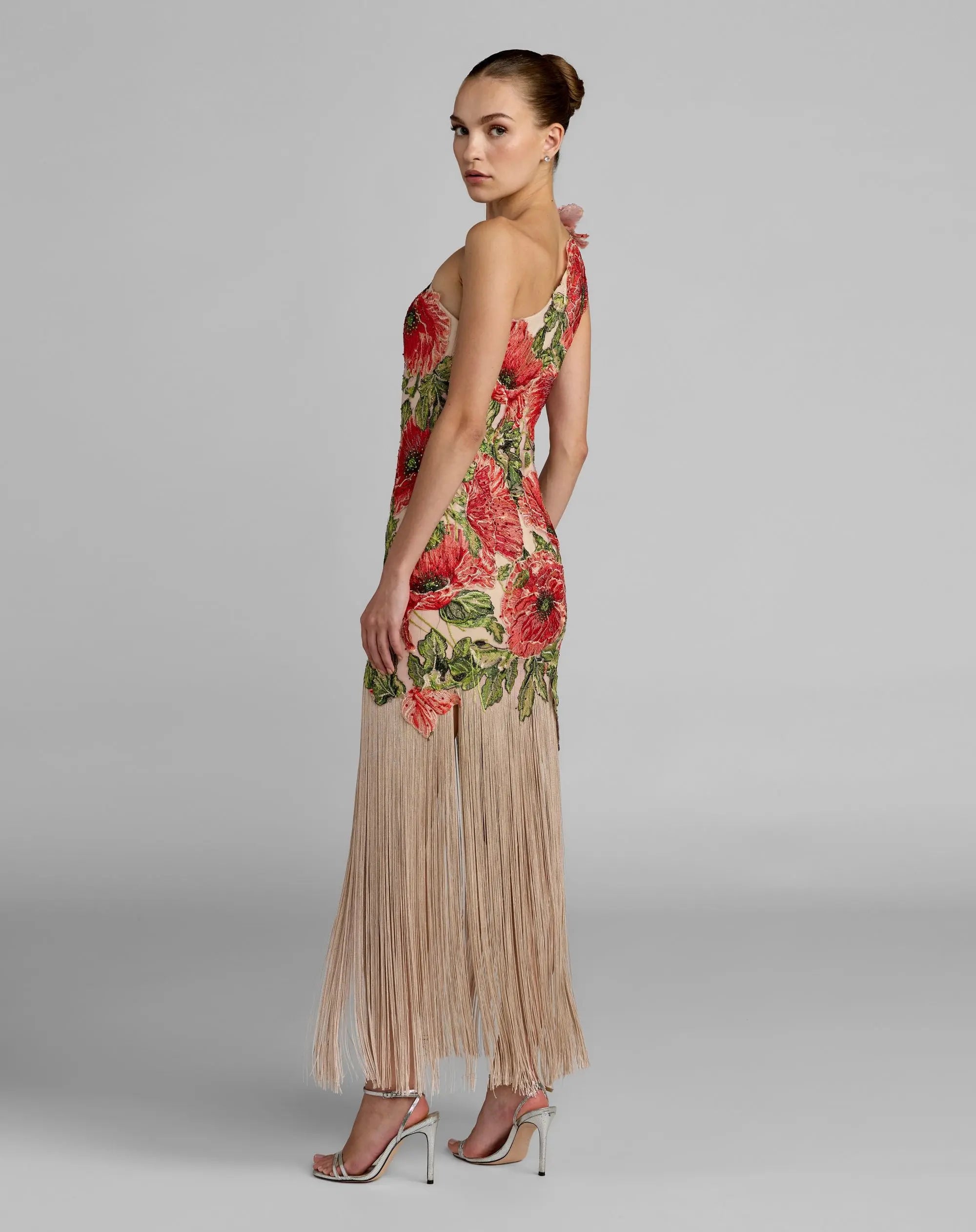 Beige Embroidered One Shoulder Dress With Fringe Hem - Image 4