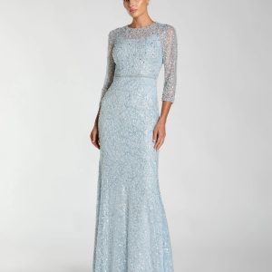Blue Beaded 3/4 Sleeve Trumpet Gown