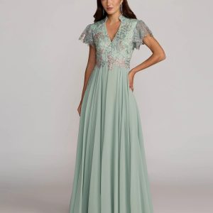 Green Embroidered Flutter Sleeve V Neck Gown