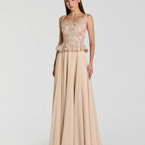 Beige Embroidered Peplum Top With Chiffon Skirt Gown
