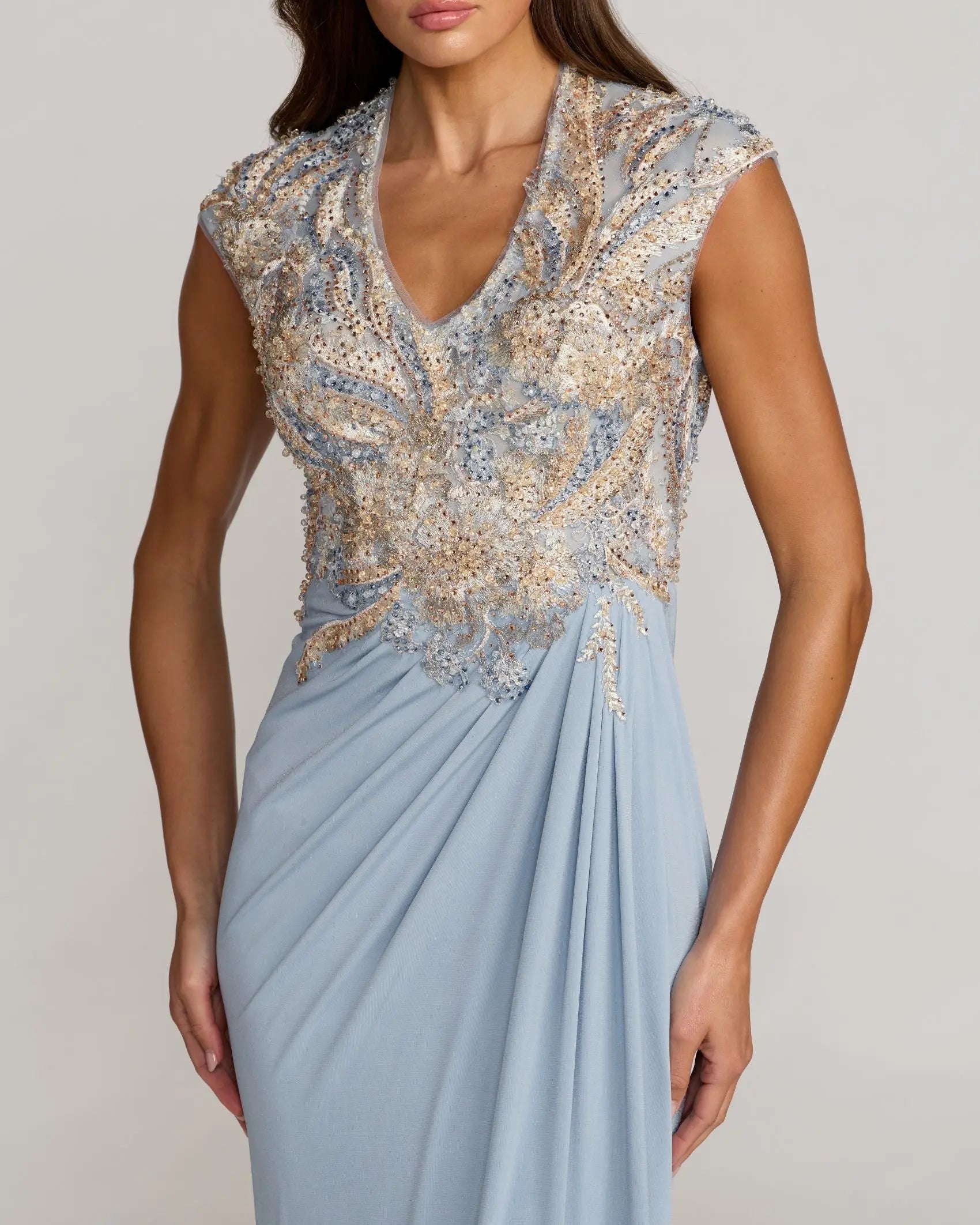 Blue Embroidered V Neck Jersey Draped Gown - Image 3