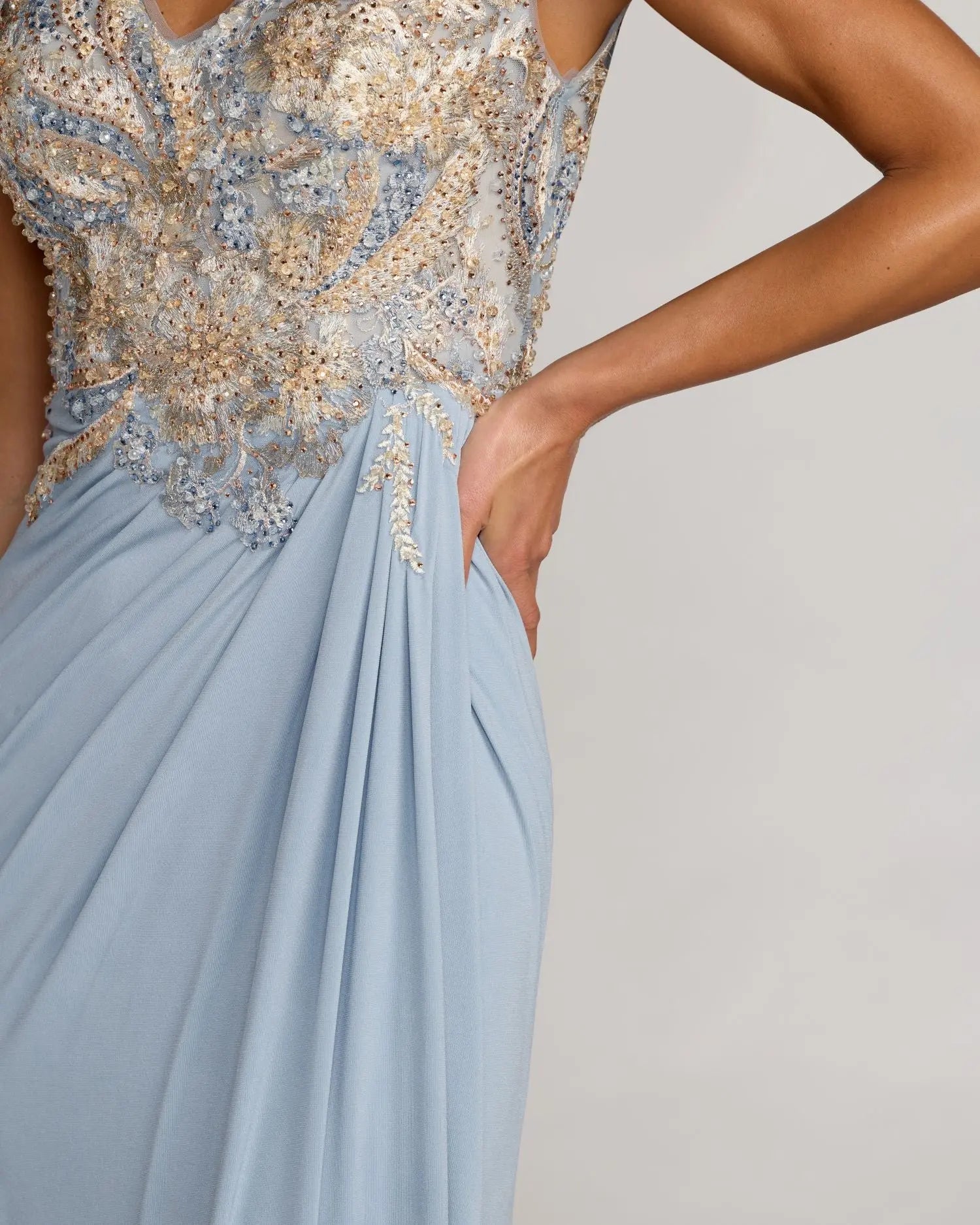 Blue Embroidered V Neck Jersey Draped Gown - Image 2