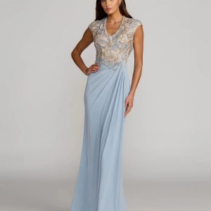 Blue Embroidered V Neck Jersey Draped Gown